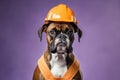 Boxer Dog Dressed As A Builder On Lavender Color Background