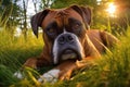 Boxer Dog Lies In The Beautiful Grass. Generative AI