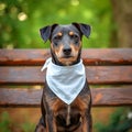 A boxer dog with a light blue bandana looking directly at the camera on a neutral tan background Royalty Free Stock Photo