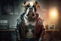 Boxer dog musician in leather jacket, portrait of animal in music studio, generative AI