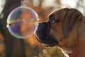 boxer dog with nose close to a shimmering soap bubble Royalty Free Stock Photo