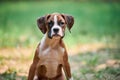 Boxer dog puppy face close up at outdoor park walking, green grass background, funny cute boxer dog face Royalty Free Stock Photo