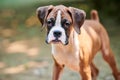 Boxer dog puppy face close up at outdoor park walking, green grass background, funny boxer dog face Royalty Free Stock Photo