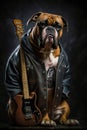 Boxer dog rocker in black leather jacket, portrait of animal with guitar, generative AI Royalty Free Stock Photo