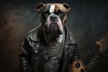 Boxer dog rocker in black leather jacket, portrait of animal with guitar, generative AI Royalty Free Stock Photo