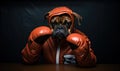Boxer Dog Wearing Boxing Gloves Sitting at Table
