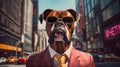 A Boxer Dog wearing sunglasses and dressed in a suit on a city street Royalty Free Stock Photo