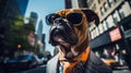 A Boxer Dog wearing sunglasses and dressed in a suit on a city street Royalty Free Stock Photo