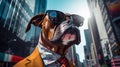 A Boxer Dog wearing sunglasses and dressed in a suit on a city street Royalty Free Stock Photo