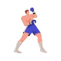 Boxer fighter. Professional box athlete in defending pose, stance. Man, boxing wrestler in gloves and shorts standing in Royalty Free Stock Photo