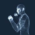 Boxer. Fighting Man. 3D Model of Man. Human Body Model. Body Scanning. View of Human Body. Vector Graphics Composed of Particles