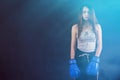 Boxer girl boxing gloves worth tired and sweaty copyspace Royalty Free Stock Photo