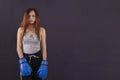 Boxer girl boxing gloves worth tired and sweaty copyspace Royalty Free Stock Photo