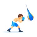 Boxer kid with bags of sand Boxing. Fitness, sport, exercise, will power and the concept of lifestyle. Cartoon vector