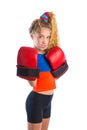 Boxer kid blond girl with funny boxing gloves Royalty Free Stock Photo