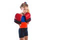 Boxer kid blond girl with funny boxing gloves Royalty Free Stock Photo