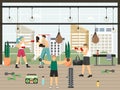 Boxer, male and female characters training at gym, vector illustration. Woman boxing with personal trainer. Box club.