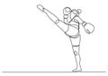 Boxer one line drawing, girl fighter kick training continuous hand drawn, vector illustration. Strong woman kickboxing sketch