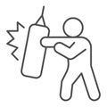 Boxer with Punching Bag thin line icon, self defense concept, sportsman sign on white background, man is training blow