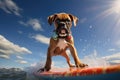 a boxer puppy in a life jacket, standing on a surfboard on a wave