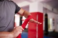 Boxer putting handwraps on Royalty Free Stock Photo