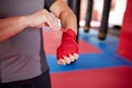 Boxer putting handwraps on Royalty Free Stock Photo