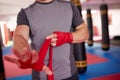Boxer putting handwraps on Royalty Free Stock Photo