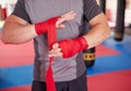 Boxer putting handwraps on Royalty Free Stock Photo
