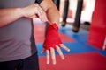 Boxer putting handwraps on Royalty Free Stock Photo