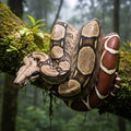 Boxer python (Python regius) coiled around a moss-covered tree branch. Its scales Royalty Free Stock Photo