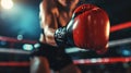 Boxer in a ring with focus on a red boxing glove, blurred arena lights. Concept of competitive boxing, power, athletic