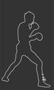 Boxer in ring line contour vector silhouette isolated on black background. Strong fighter. Direct kick. Sportsman sparing.