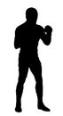 Boxer in ring vector silhouette illustration isolated on white. Strong fighter shape shadow direct kick. Royalty Free Stock Photo