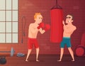 Boxer training. Male hits to punching bag at the gym. Cartoon sport characters Royalty Free Stock Photo