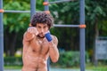 Boxer trains on a street sports ground