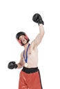 Boxer wearing gold medal performing boxing stance Royalty Free Stock Photo