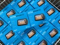 Boxes of Amazon Echo Show virtural assistants for sale in a display bin Royalty Free Stock Photo