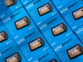 Boxes of Amazon Echo Show virtural assistants for sale in a display bin Royalty Free Stock Photo