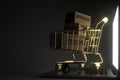 Boxes with AMAZON logo in golden shopping trolley on the laptop. Editorial premium service related 3D rendering