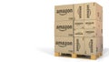 Boxes with Amazon logo on pallet. Editorial 3D rendering