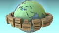 Boxes with AMAZON logo rotate around the world, Africa and Europe emphasized. Conceptual editorial 3D rendering