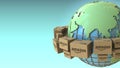 Boxes with AMAZON logo rotate around the world, Asia emphasized. Conceptual editorial 3D rendering