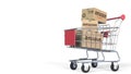 Boxes with AMAZON logo in shopping cart. Editorial 3D rendering