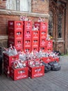 Boxes in the backyard with glass containers. Lots of empty bottles in boxes. Lemonade packaging. Many empty bottles of Zidazeni Royalty Free Stock Photo