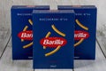 Boxes of Barilla macaroni displayed on a wooden surface in a kitchen setting Royalty Free Stock Photo