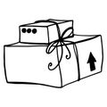 Boxes with a bow food and stuff delivery cute outline doodle digital art. Print for stickers, cards, stationery, sites, banners, s