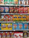 Boxes of breakfast cereals for sale at a grocery store