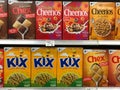 Boxes of breakfast cereals for sale at a grocery store Royalty Free Stock Photo