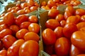 Boxes of bright red tomatoes ready for sale at a farmers market Royalty Free Stock Photo