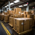 Boxes and cardboard in storage warehouses for export and import expeditions